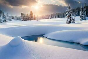 een besneeuwd landschap met een rivier- en bomen. ai-gegenereerd foto