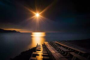 een houten pier met een helder zon schijnend over- de oceaan. ai-gegenereerd foto