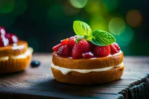 twee mini cakes met vers bessen Aan een houten tafel. ai-gegenereerd foto