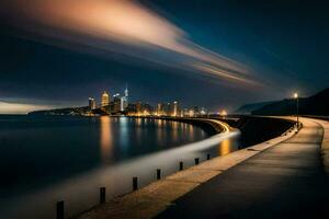 een lang blootstelling foto van de stad horizon Bij nacht. ai-gegenereerd