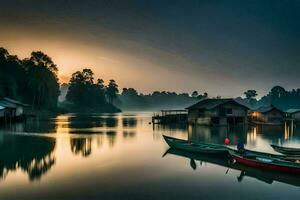 boten in de water Bij zonsondergang met huizen Aan de oever. ai-gegenereerd foto