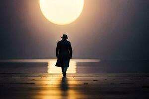 een Mens wandelen in de donker naar de zon. ai-gegenereerd foto
