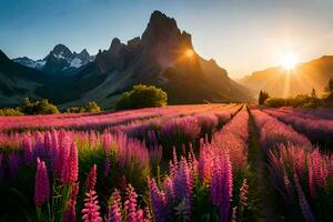 de zon schijnt over- een veld- van Purper bloemen. ai-gegenereerd foto