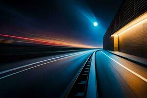 een lang blootstelling fotograaf van een trein te hard rijden naar beneden een snelweg Bij nacht. ai-gegenereerd foto
