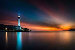 de vuurtoren Bij zonsondergang in de oceaan. ai-gegenereerd foto