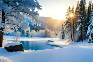 een besneeuwd landschap met een meer en bomen. ai-gegenereerd foto