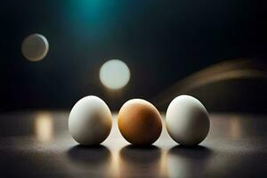 drie eieren zijn staand in voorkant van een donker achtergrond. ai-gegenereerd foto