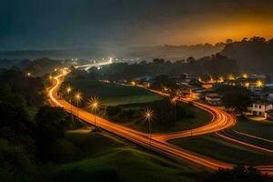 een lang blootstelling fotograaf van een weg Bij nacht. ai-gegenereerd foto