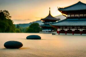 de zon sets over- een pagode in de achtergrond. ai-gegenereerd foto