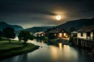 een rivier- in de bergen met huizen en een vol maan. ai-gegenereerd foto