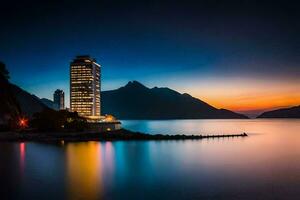 een hotel zit Aan de kust van een meer Bij schemering. ai-gegenereerd foto