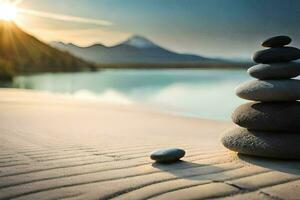 een stack van stenen Aan de strand met de zon instelling achter het. ai-gegenereerd foto