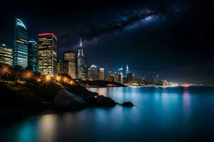de stad horizon Bij nacht met de melkachtig in de lucht. ai-gegenereerd foto