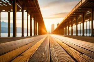 een lang houten pier met de zon instelling achter het. ai-gegenereerd foto