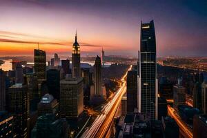 de stad horizon Bij zonsondergang in nieuw york. ai-gegenereerd foto