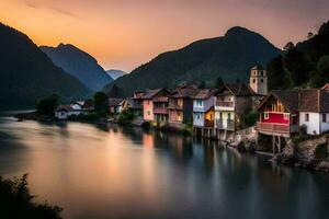 foto behang de lucht, bergen, water, huizen, rivier, zonsondergang, de bergen, de. ai-gegenereerd