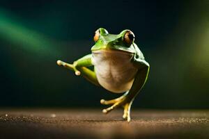 een kikker is jumping omhoog in de lucht. ai-gegenereerd foto