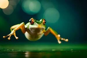 een kikker is jumping in de lucht. ai-gegenereerd foto