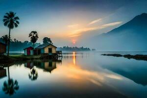 een klein huis zit Aan de kust van een meer Bij zonsopkomst. ai-gegenereerd foto