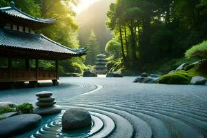 een Japans tuin met rotsen en water. ai-gegenereerd foto