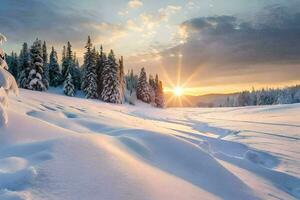 sneeuw gedekt bomen en de zon instelling over- een besneeuwd landschap. ai-gegenereerd foto