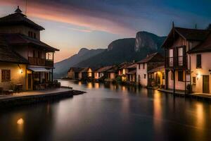 foto behang de lucht, water, bergen, huizen, rivier, zonsondergang, de stad, de. ai-gegenereerd