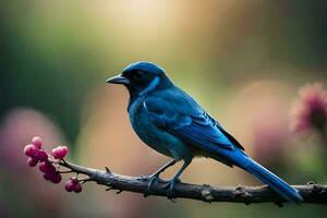 een blauw vogel is neergestreken Aan een Afdeling met roze bloemen. ai-gegenereerd foto