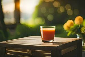 een glas van oranje sap Aan een tafel. ai-gegenereerd foto