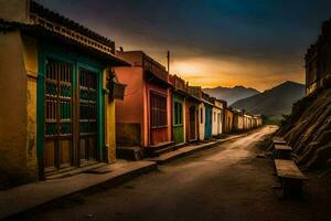 een straat in de bergen met kleurrijk huizen. ai-gegenereerd foto