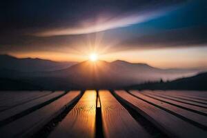 de zon is instelling over- een houten dek. ai-gegenereerd foto