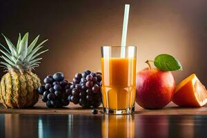 een glas van oranje sap met fruit Aan een tafel. ai-gegenereerd foto