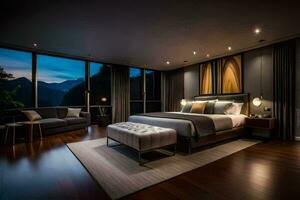 een slaapkamer met een visie van bergen Bij nacht. ai-gegenereerd foto