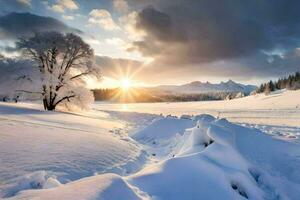 sneeuw gedekt landschap met zon schijnend door de wolken. ai-gegenereerd foto