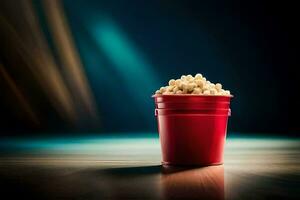 een rood emmer van popcorn Aan een tafel. ai-gegenereerd foto