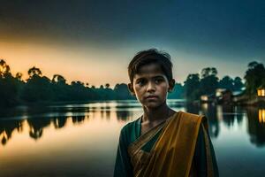 een jong meisje staat in voorkant van een meer Bij zonsondergang. ai-gegenereerd foto