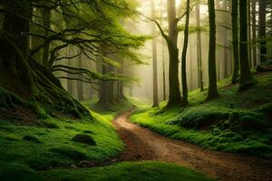 een aarde pad in een groen Woud met bomen. ai-gegenereerd foto