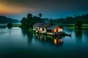 een klein huis zit Aan de rand van een meer Bij zonsondergang. ai-gegenereerd foto