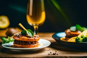 een bord van voedsel met een hamburger en een glas van Champagne. ai-gegenereerd foto