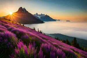de zon stijgt over- Purper bloemen in voorkant van bergen. ai-gegenereerd foto