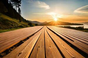 een houten loopbrug leidend naar de zon. ai-gegenereerd foto