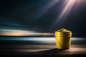 een emmer van popcorn Aan een houten tafel met een helder licht schijnend in de achtergrond. ai-gegenereerd foto