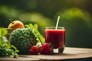 een glas van sap met aardbeien en appels. ai-gegenereerd foto