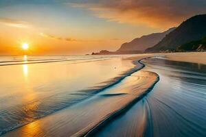 de zon sets over- een strand met golven. ai-gegenereerd foto