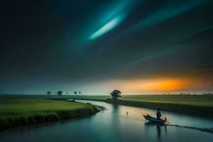 een Mens in een boot Aan een rivier- Bij zonsondergang. ai-gegenereerd foto