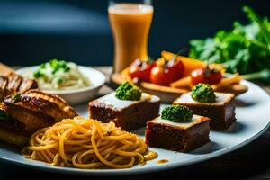 een bord van voedsel met vlees, groenten en pasta. ai-gegenereerd foto