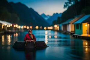 een vrouw zittend Aan een boot in de midden- van een rivier. ai-gegenereerd foto