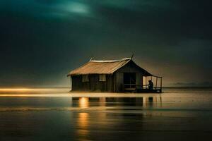 een klein hut zit Aan de water Bij nacht. ai-gegenereerd foto