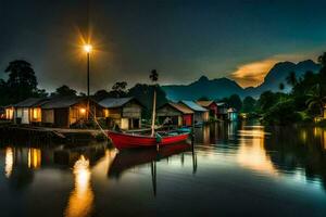een boot zit Aan de water Bij nacht met huizen in de achtergrond. ai-gegenereerd foto