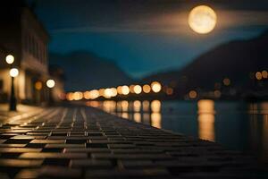 een straat met lichten en een maan over- het. ai-gegenereerd foto