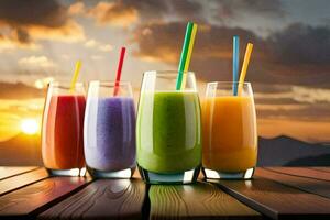 vier verschillend gekleurde smoothies in bril Aan een tafel. ai-gegenereerd foto